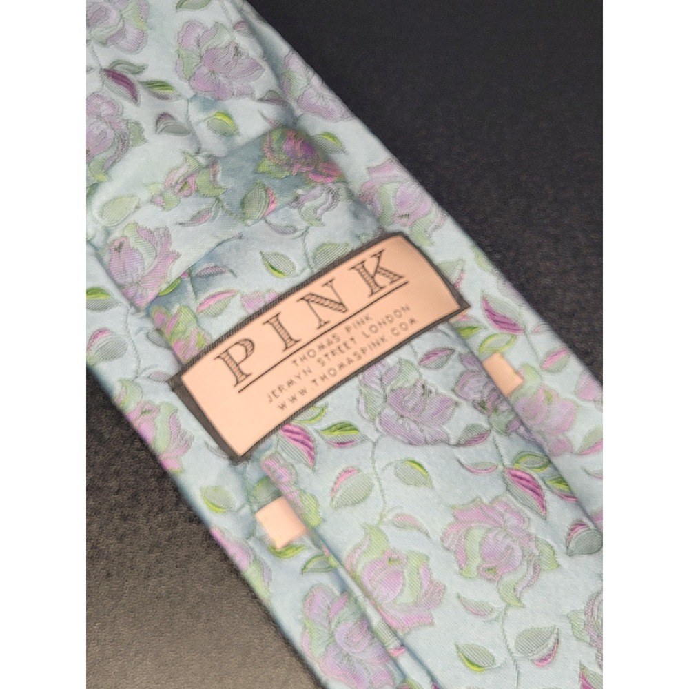 Thomas Pink Silk Tie Blue Purple Floral Rose Woven England Excellent